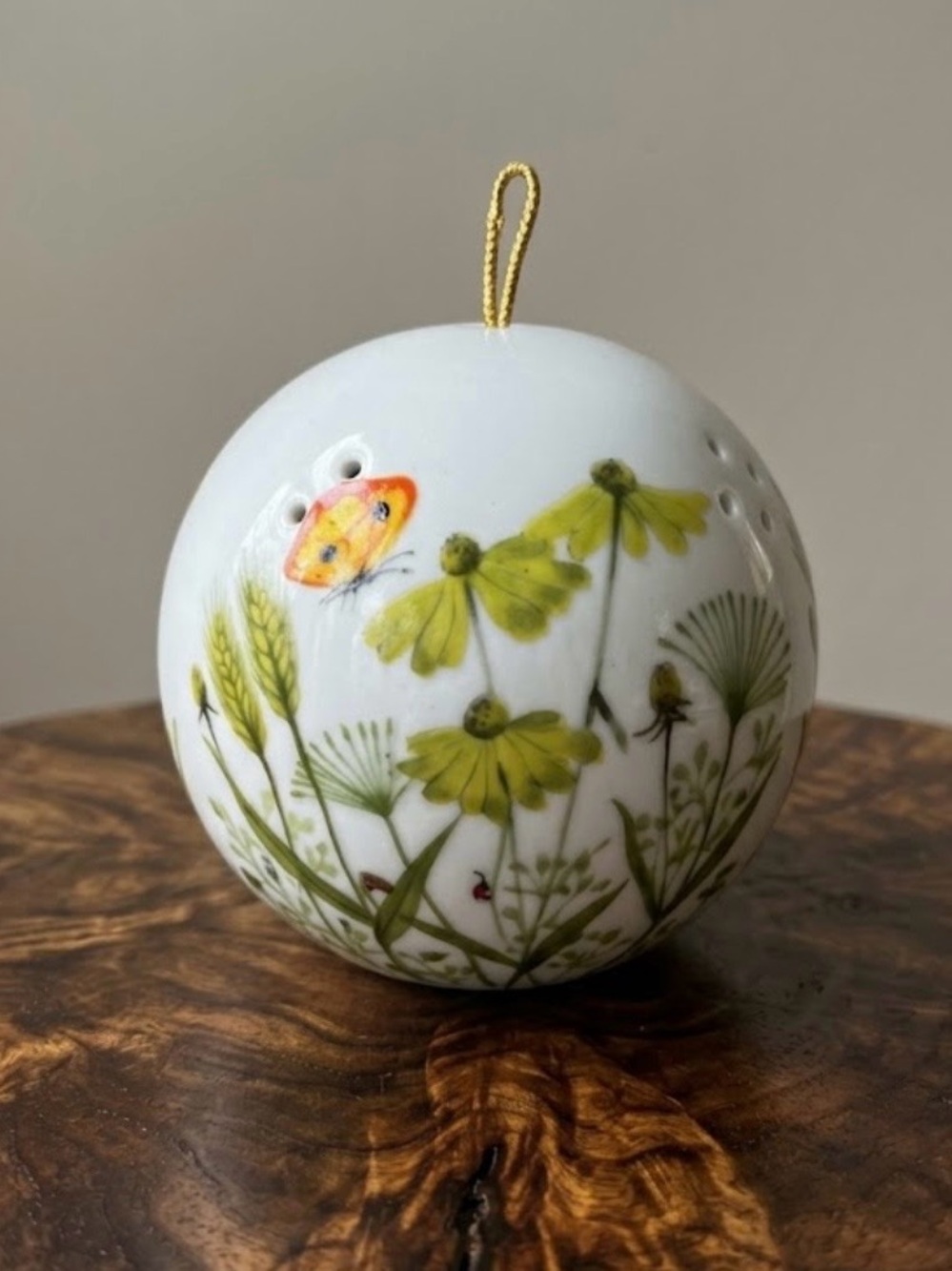 Vintage Counterpoint Japan Ceramic Pomander Wildflower Butterfly Ornament